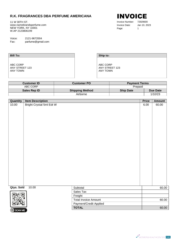 Download USA R.K. Fragrances DBA Perfume Americana invoice Word and PDF template Photoshop template